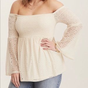 Torrid Ivory Lace Off Shoulder Smocked Blouse